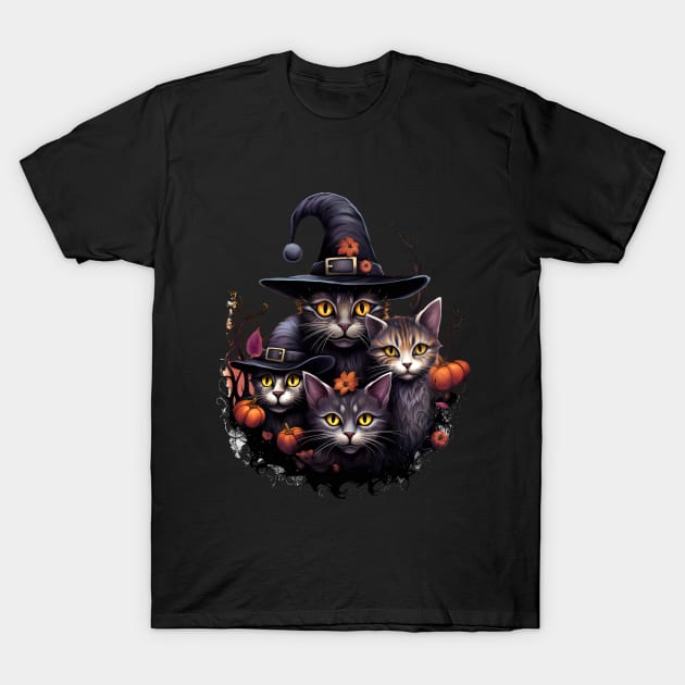 Halloween Cats in Hats with Pumpkins T-Shirt by Mistywisp